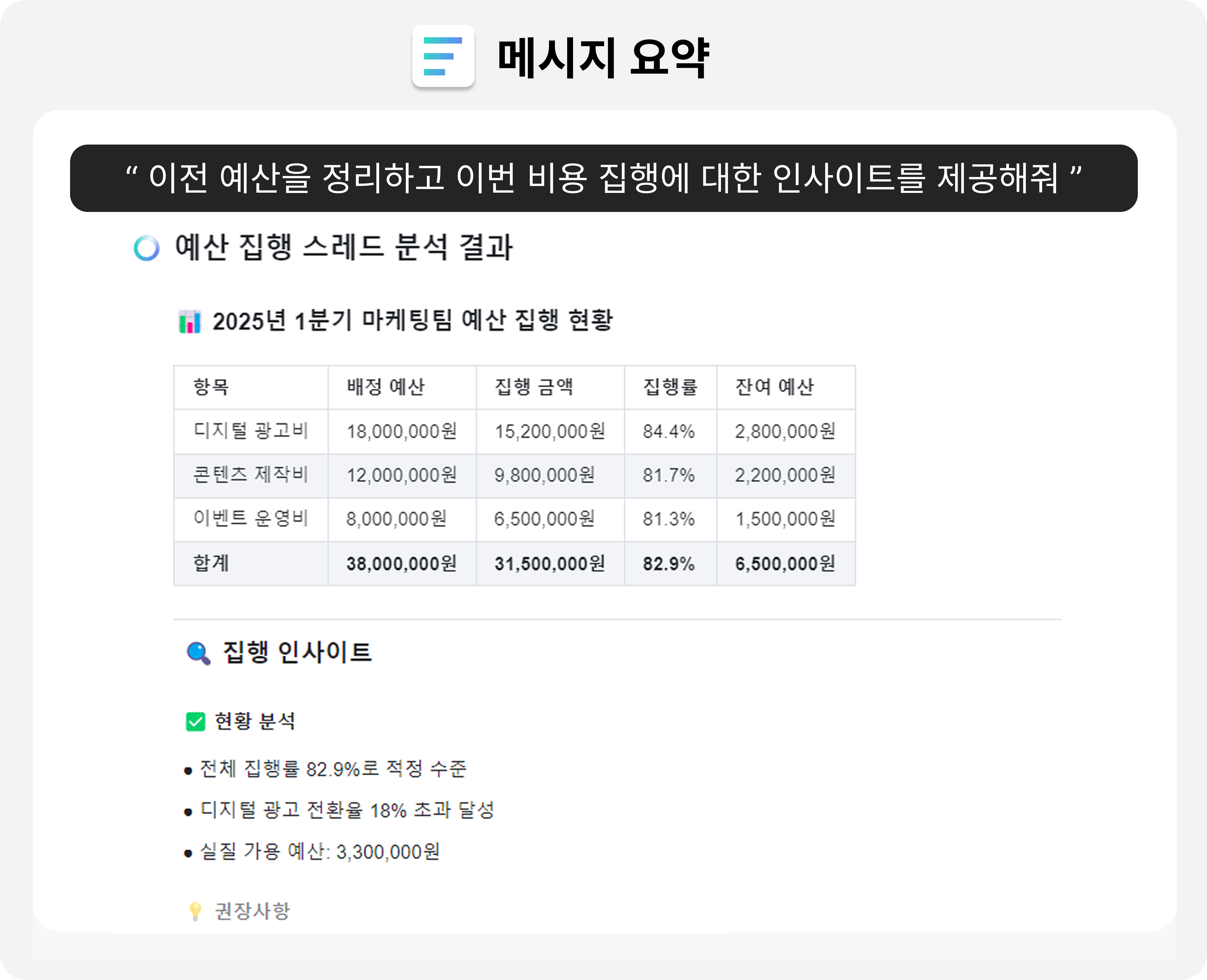 마케팅 팀의 메시지 요약 사례