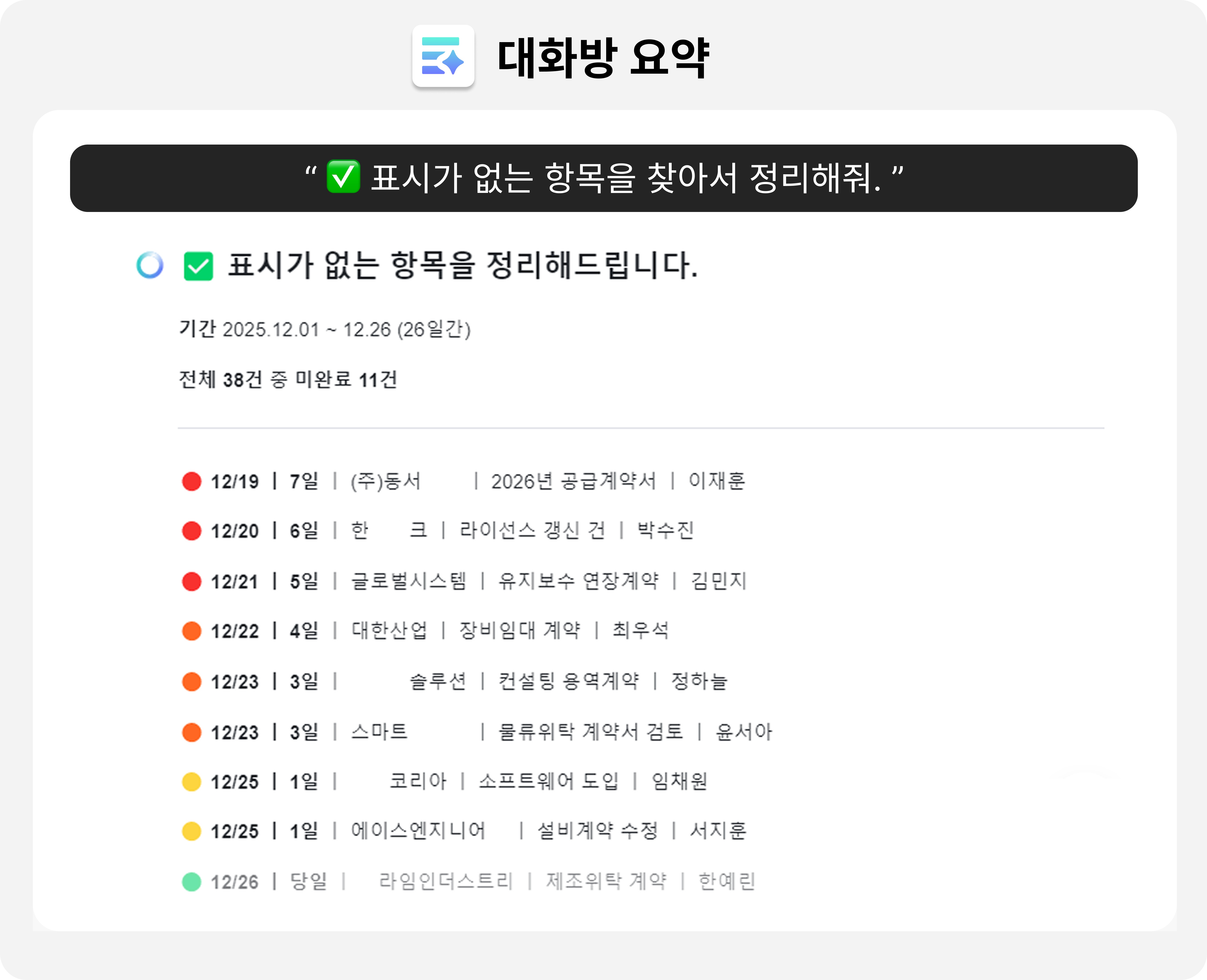 인사,경영지원 팀의 대화방 요약 사례