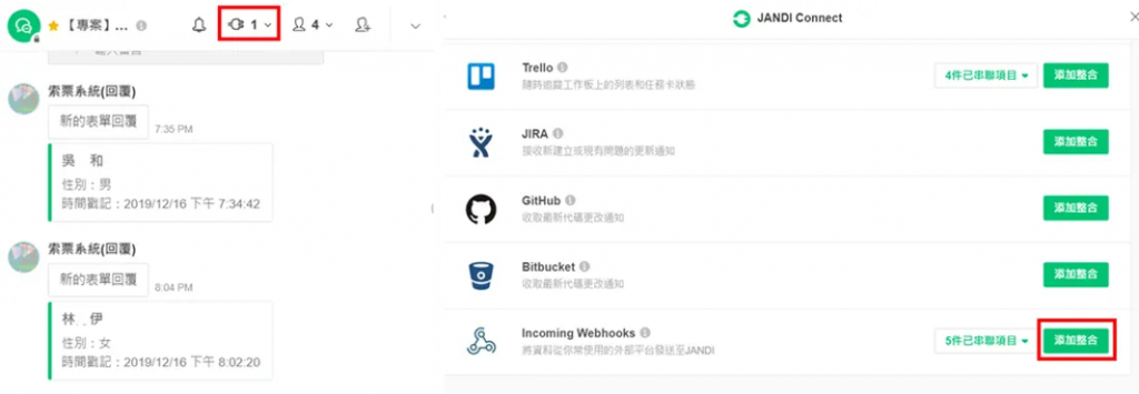 JANDI Connect Incoming Webhooks 示意圖