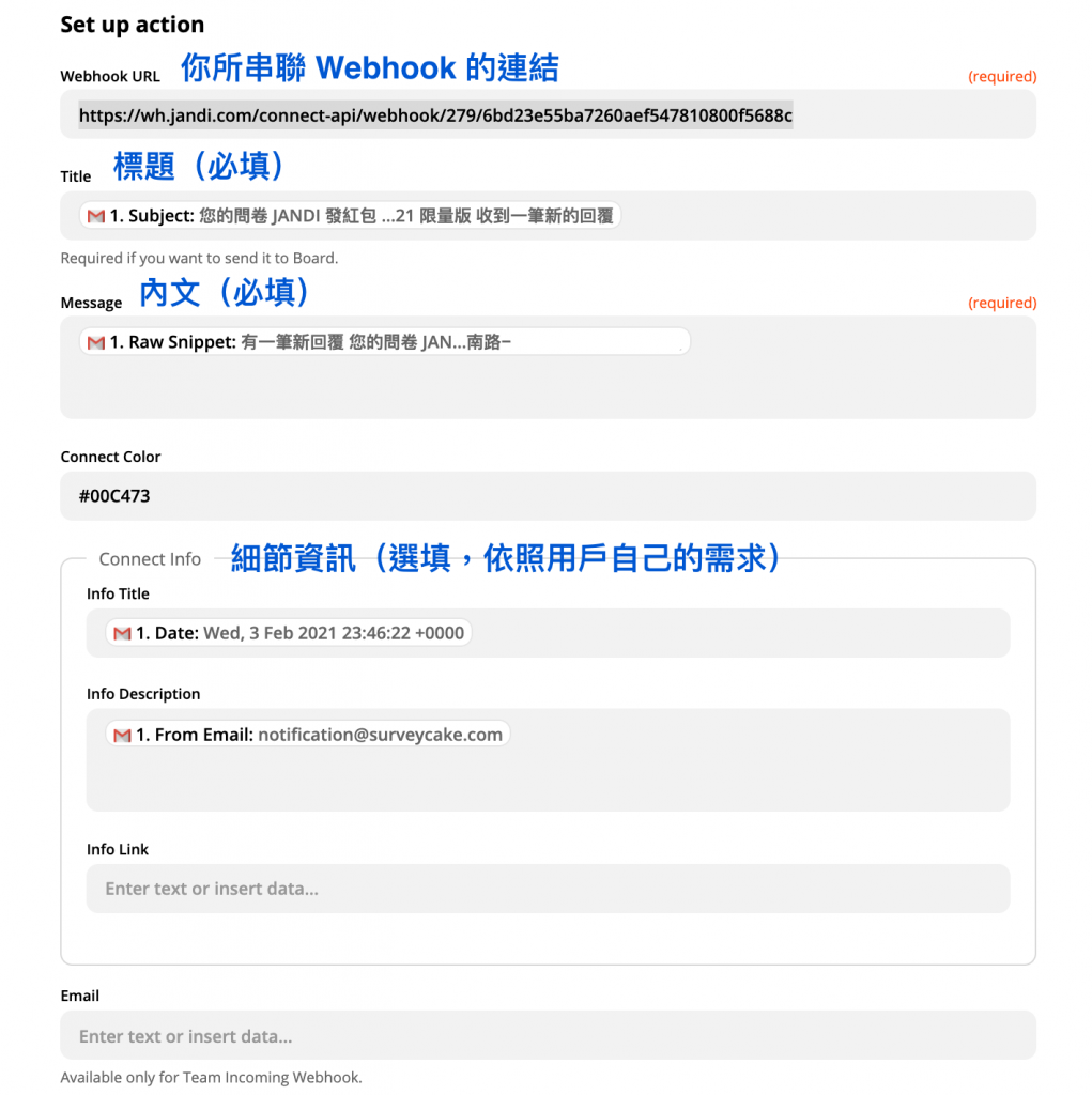JANDI 上收到的 Webhook 信息示意圖
